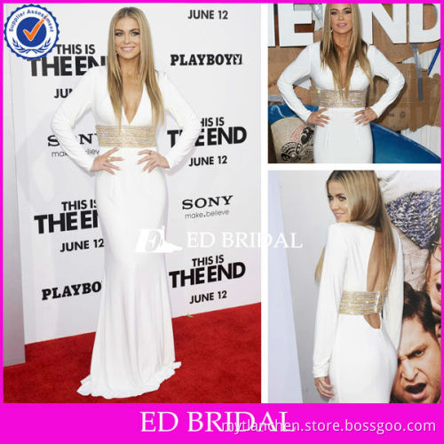 rc08 A-line Plunging V Long Sleeves Sash Beaded Sexy Open Back Sweep Train Evening Dress Red Carpet Dresses